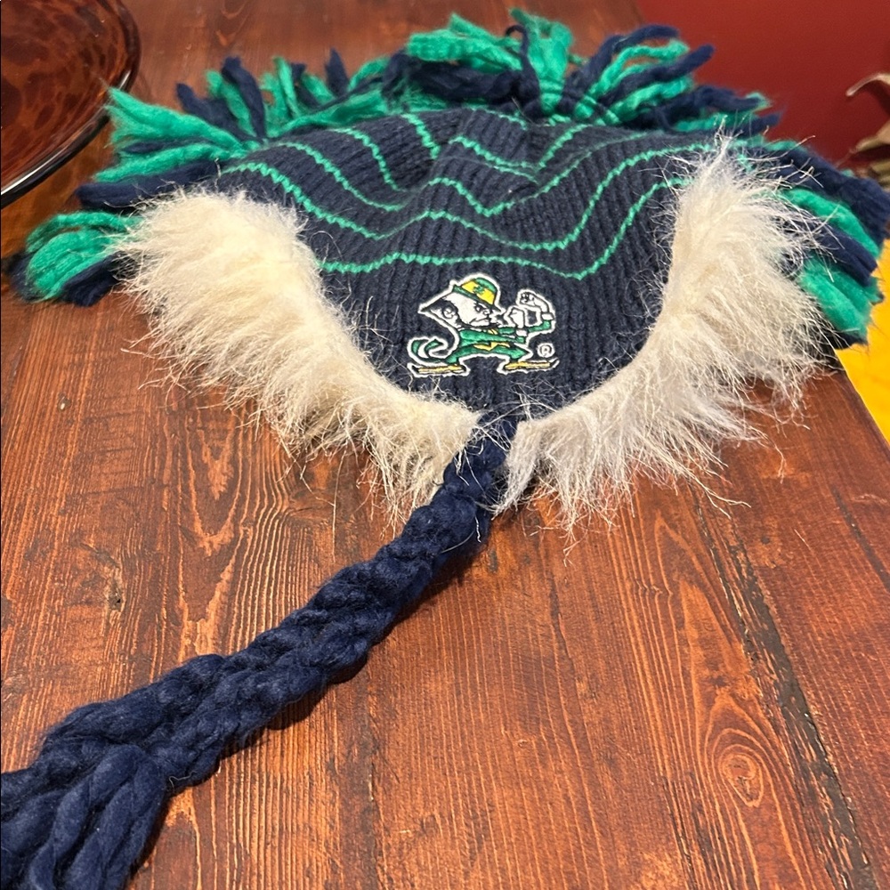 adidas Navy and Green Knit Tassel Earflap Hat with Faux Fur Trim